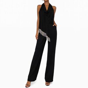 Trina Turk Halter Jumpsuit 6 Black Draped Fringe Evening Embellished Wide Leg
